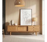IDIMEX Meuble TV Simona L 175 cm en Bois Massif Coloris Chêne avec 2 Tiroirs 2 Portes Coulissantes, pour téléviseur jusqu'à 75", Style Vintage Scandinave Années 50, Rangement Pratique pour Salon
