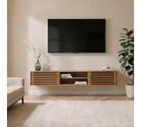 IDIMEX Meuble TV Suspendu RIAN 175 cm avec Portes Coulissantes et Niche avec Étagère en Bois Massif Coloris Chêne, pour Télévision Jusqu'à 75", Meuble de Rangement pour Salon Moderne