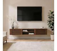 IDIMEX Meuble TV Suspendu RIAN 175 cm avec Portes Coulissantes et Niche avec Étagère en Bois Massif Coloris Châtaignier, pour Télévision Jusqu'à 75", Meuble de Rangement pour Salon Moderne