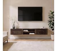 IDIMEX Meuble TV Suspendu RIAN 175 cm avec Portes Coulissantes et Niche avec Étagère en Bois Massif Coloris Noyer, pour Télévision Jusqu'à 75", Meuble de Rangement pour Salon Moderne