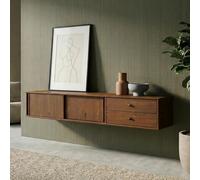 IDIMEX Meuble TV Suspendu Simona, 2 Portes 2 Tiroirs, 175 cm, Couleur Châtaignier, en Pin Massif, pour téléviseur jusqu'à 75", Style Vintage Scandinave Années 50, Rangement Pratique pour Salon