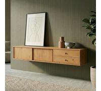 IDIMEX Meuble TV Suspendu Simona, 2 Portes 2 Tiroirs, 175 cm, Couleur Chêne, en Pin Massif, pour téléviseur jusqu'à 75", Style Vintage Scandinave Années 50, Rangement Pratique pour Salon