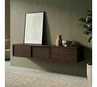 IDIMEX Meuble TV Suspendu Simona, 2 Portes 2 Tiroirs, 175 cm, Couleur Noyer, en Pin Massif, pour téléviseur jusqu'à 75", Style Vintage Scandinave Années 50, Rangement Pratique pour Salon