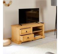 IDIMEX Meuble TV Tequila L 120 cm en Bois Massif Brun avec 2 tiroirs et 2 niches, Meuble de Salon Style Mexicain, pour télévision jusqu'à 127 cm