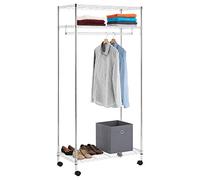Portant à vêtements BRINDISI penderie simple sur roulettes vestiaire mobile avec 1 barre et 3 tablettes, en métal chromé