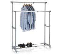 Portant à vêtements CASA en métal chromé et gris, penderie double sur roulettes avec 2 barres hauteur et longueur réglables