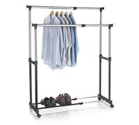 IDIMEX Portant à vêtements CASA en métal chromé et Noir, penderie Double sur roulettes vestiaire Mobile avec 2 Barres Hauteur et Longueur réglables