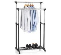 Portant à vêtements GROSSO penderie double sur roulettes vestiaire mobile 2 barres de hauteur réglable et 1 tablette, chromé et