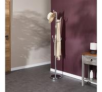 Porte-manteaux MILA portant pour vêtements sur pied socle rond et 8 crochets dont 3 à mi-hauteur, meuble d'entrée en métal chromé
