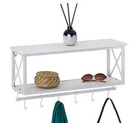 Porte-manteaux mural ARMANDO avec 2 étagères de rangement en bois blanc et 6 patères crochets sur tringle, cadre en métal blanc