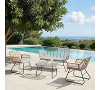 IDIMEX Salon de Jardin extérieur Riviera pour 4 Personnes Coloris Noir et Brun avec 1 Table de Jardin Basse, 1 canapé d'extérieur et 2 fauteuils avec Coussins Gris, résitant aux intempéries
