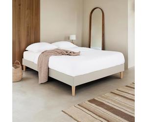 IDIMEX Sommier tapissier QUIMPER 140 x 190 cm Structure en Bois et revêtement en Tissu Beige, Cadre de lit avec Pieds et sommier à Lattes déhoussable pour 2 Personnes