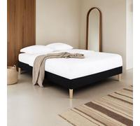 Sommier tapissier QUIMPER 140 x 190 cm structure en bois et revêtement en tissu noir, cadre de lit avec pieds