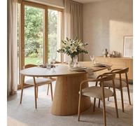 IDIMEX Table à Manger Aura 180 x 110 cm Ovale Aspect Chêne Coloris Naturel pour 4 à 6 Personnes, Table de Salle à Manger avec Bord Biseauté, Plateau Oval et Pied Central Conique au Design Moderne.