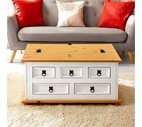 IDIMEX Table Basse de Salon Tequila Coffre Malle de Rangement rectangulaire en Bois Style Mexicain avec 5 tiroirs, en pin Massif lasuré Blanc et Brun