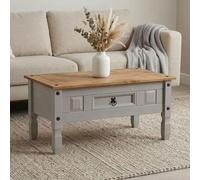 Table basse RAMON table d'appoint rectangulaire en pin massif gris et brun avec 1 tiroir, meuble de salon style mexicain en bois