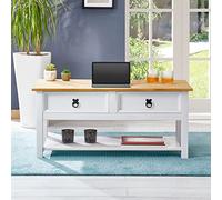 IDIMEX Table Basse Tequila Table de Salon rectangulaire Style Mexicain, avec 2 tiroirs et 1 étagère inférieure, en pin Massif lasuré Blanc et Brun