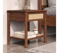 Table de Chevet CEFIRA avec 1 Tiroir en Bois Massif Couleur Châtaignier, Design Élégant en Rotin, avec 1 Étagère