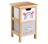 Table de chevet enfant ESTA petite commode en bois de paulownia naturel, 2 tiroirs gris et blanc aux motifs arc-en-ciel