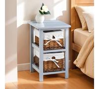 IDIMEX Table de Chevet Nokomis Table de Nuit en Bois avec 2 paniers en Osier et Insert en Tissu Blanc, Meuble Style Rustique pour Chambre lasuré Gris
