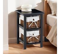 IDIMEX Table de Chevet Nokomis Table de Nuit en Bois avec 2 paniers en Osier et Insert en Tissu Blanc, Meuble Style Rustique pour Chambre lasuré Noir