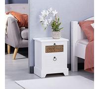 IDIMEX Table de Chevet Padma 2 tiroirs, Table de Nuit Design Vintage en Bois lasuré Blanc et rotin