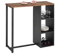 Table haute de bar PIAVA mange-debout comptoir avec 3 étagères dont 1 porte-bouteilles, en métal noir et MDF décor chêne sauvage