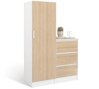 IDMarket - Armoire 1 Porte Ambre penderie avec Commode 3 tiroirs 100 cm modulable façon hêtre et Blanc