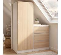 IDMarket - Armoire 1 Porte Ambre penderie avec Commode 3 tiroirs 100 cm modulable façon hêtre et Blanc