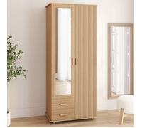 IDMARKET Armoire 2 portes JULIETTE effet lattes tasseau bois penderie 80 cm avec 2 tiroirs, miroir et étagères
