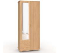 IDMarket - Armoire 2 Portes Juliette Effet Lattes tasseau Bois penderie 80 cm avec 2 tiroirs, Miroir et étagères