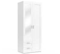 IDMarket - Armoire 2 Portes VITO Blanc penderie 80 cm avec 2 tiroirs, Miroir et étagères