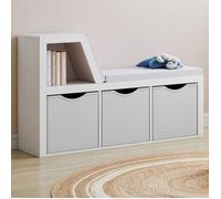 IDMARKET Bibliothèque banc OSCAR 4 cases avec coussins gris et bacs tissus 102 cm blanc