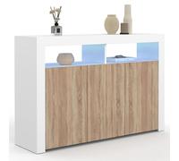 IDMarket - Buffet 110 cm ELIGHT Blanc et Bois façon hêtre | Avec 3 portes avec led et niches