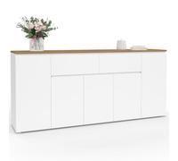Buffet 180 cm TOBY 5 placards et 2 tiroirs blanc et bois
