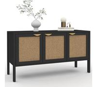 IDMarket - Buffet Bas 110 cm EDHEN 3 Portes Bois Noir et cannage