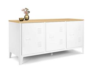 IDMarket - Buffet bas 113 cm ESTER métal blanc plateau bois | Design industriel avec 3 portes