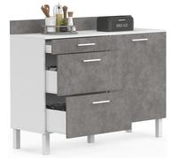 IDMARKET Buffet bas casserolier de cuisine 120 cm CINA plan de travail H.83 cm 1 porte + 3 tiroirs blanc et effet béton
