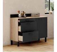 IDMARKET Buffet bas casserolier de cuisine 120 CM CINA plan de travail H.83 cm 1 porte + 3 tiroirs façon hêtre et noir
