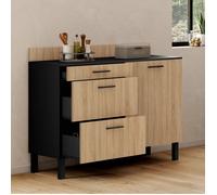 IDMarket - Buffet Bas casserolier de Cuisine 120 cm CINA Plan de Travail H.83 cm 1 Porte + 3 tiroirs Noir et façon hêtre