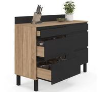 IDMarket - Buffet Bas casserolier de Cuisine Claude | 120, avec plan de travail H. 83 cm et 6 tiroirs, bois et noir