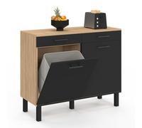 IDMarket - Buffet Bas de Cuisine 100 cm CINA façon hêtre et Noir | Plan de travail H.83 cm, espace poubelle 100 cm, 2 portes + tiroirs