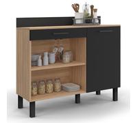 IDMarket - Buffet Bas de Cuisine 100 CM CINA Plan de Travail H.83 cm 1 Porte + 1 tiroir façon hêtre et Noir