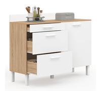 IDMARKET Buffet bas de cuisine 120 cm casserolier CINA plan de travail H.83 cm 1 porte + 3 tiroirs façon hêtre et blanc