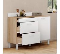 IDMARKET Buffet bas de cuisine 120 cm casserolier CINA plan de travail H.83 cm 1 porte + 3 tiroirs façon hêtre et blanc