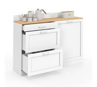 IDMARKET Buffet bas de cuisine 120 cm casserolier VITO plan de travail H.83 cm 1 porte + 3 tiroirs blanc et plateau façon hêtre