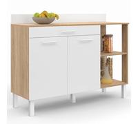 Buffet bas de cuisine 120 cm cina plan de travail h.83 cm 2 portes + tiroir façon hêtre et blanc