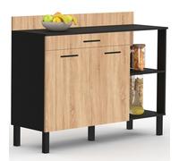 Buffet bas de cuisine 120 cm cina plan de travail h.83 cm 2 portes + tiroir noir et façon hêtre