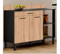 IDMarket – Buffet bas de cuisine CINA 120 cm H83 cm plan 2 portes + tiroir Noir et façon hêtre