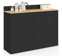 IDMarket - Buffet Bas de Cuisine 120 cm Double casserolier | VITO plan de travail H.83 cm 6 tiroirs noirs et plateau façon hêtre